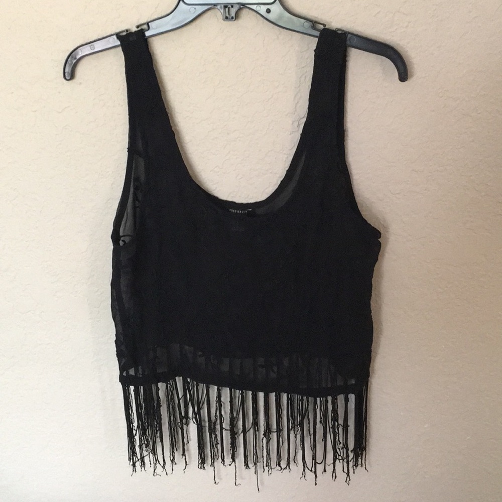 Forever 21 Black Fringe Crop Top SZ M